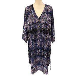 Evans Dress Womens 20 Blue Mixed Dark‎ Geo Floral Chiffon Pintuck Midi Grunge